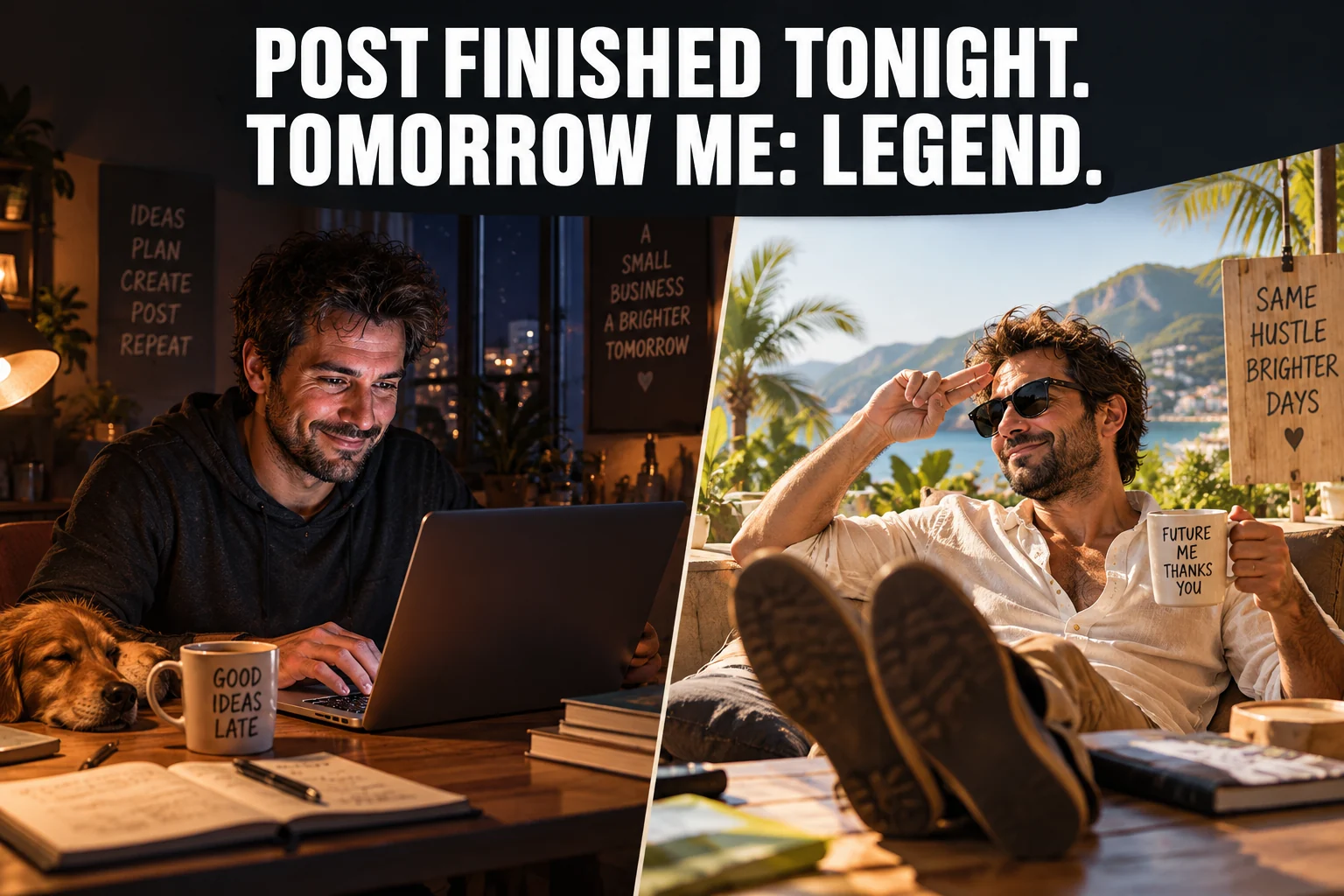 Split illustration of a person finishing work on a laptop at night and relaxing later; text reads Post finished tonight. Tomorrow me: legend.