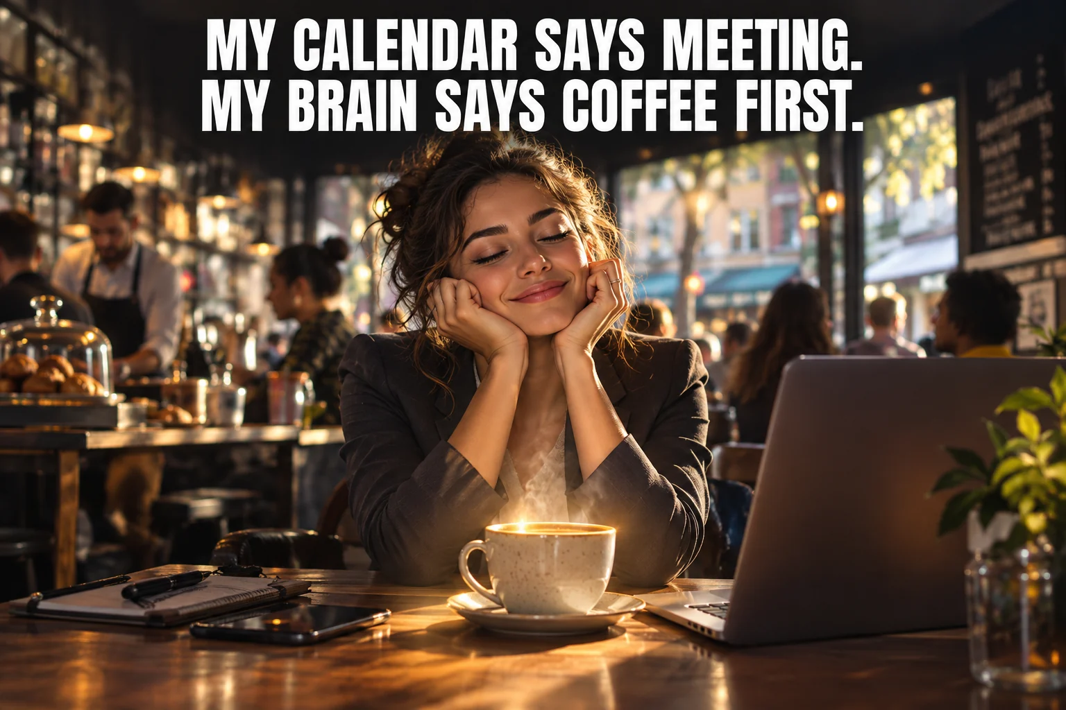 A person in a cafe looks at a calendar beside a coffee cup; the meme reads, My calendar says meeting. My brain says coffee first.