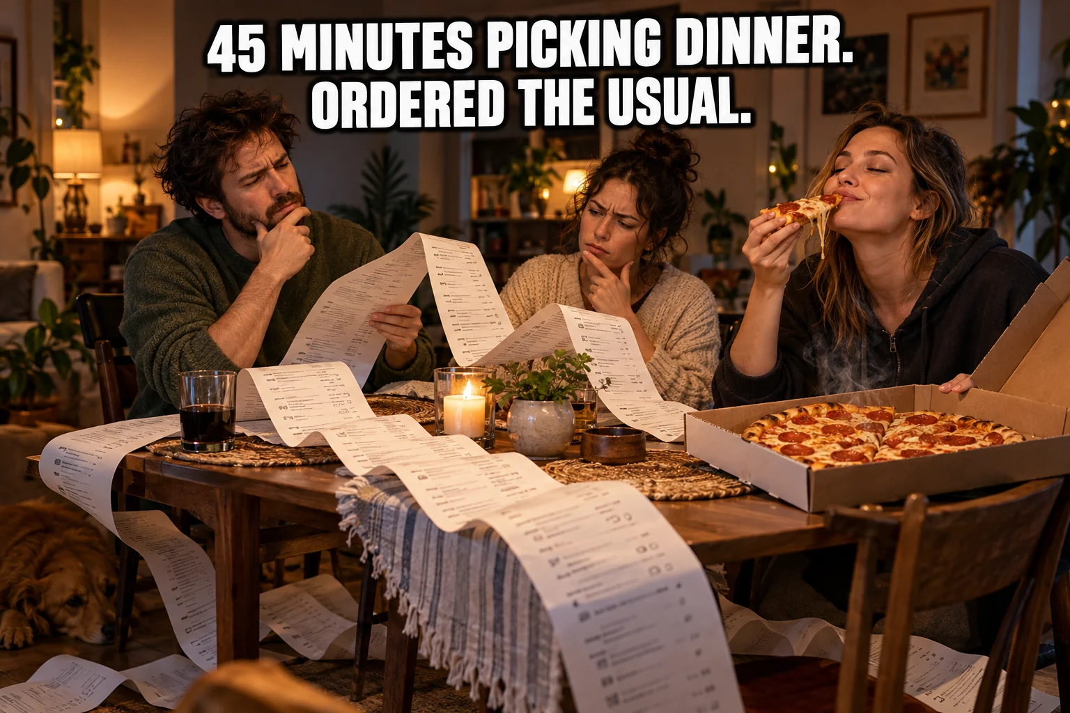 AI-generated friends debating a long menu while one eats pizza. Text: 45 minutes picking dinner. Ordered the usual.