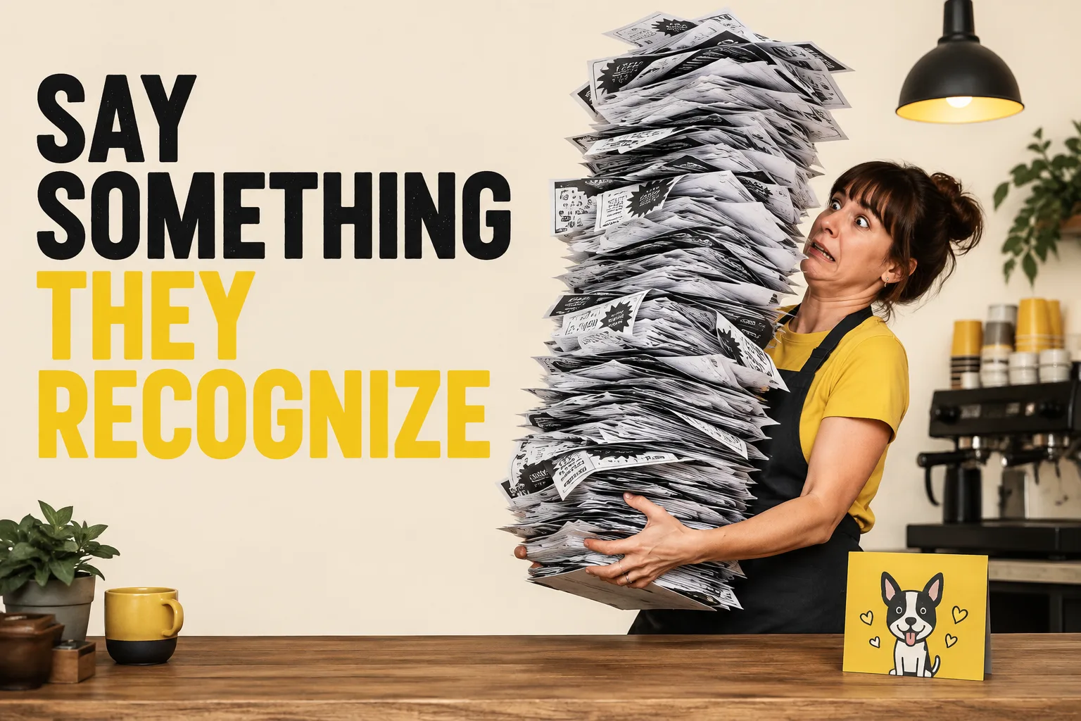 A shop owner holding a towering stack of flyers beside a simple illustrated meme card.