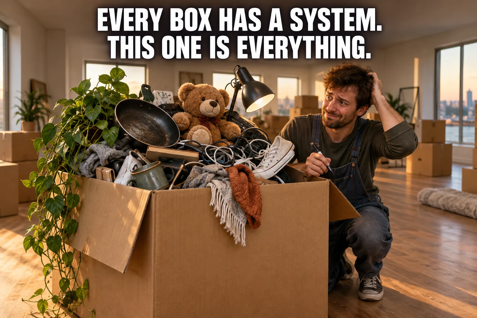 AI-generated mover beside an overflowing box of household objects. Text: Every box has a system. This one is everything.