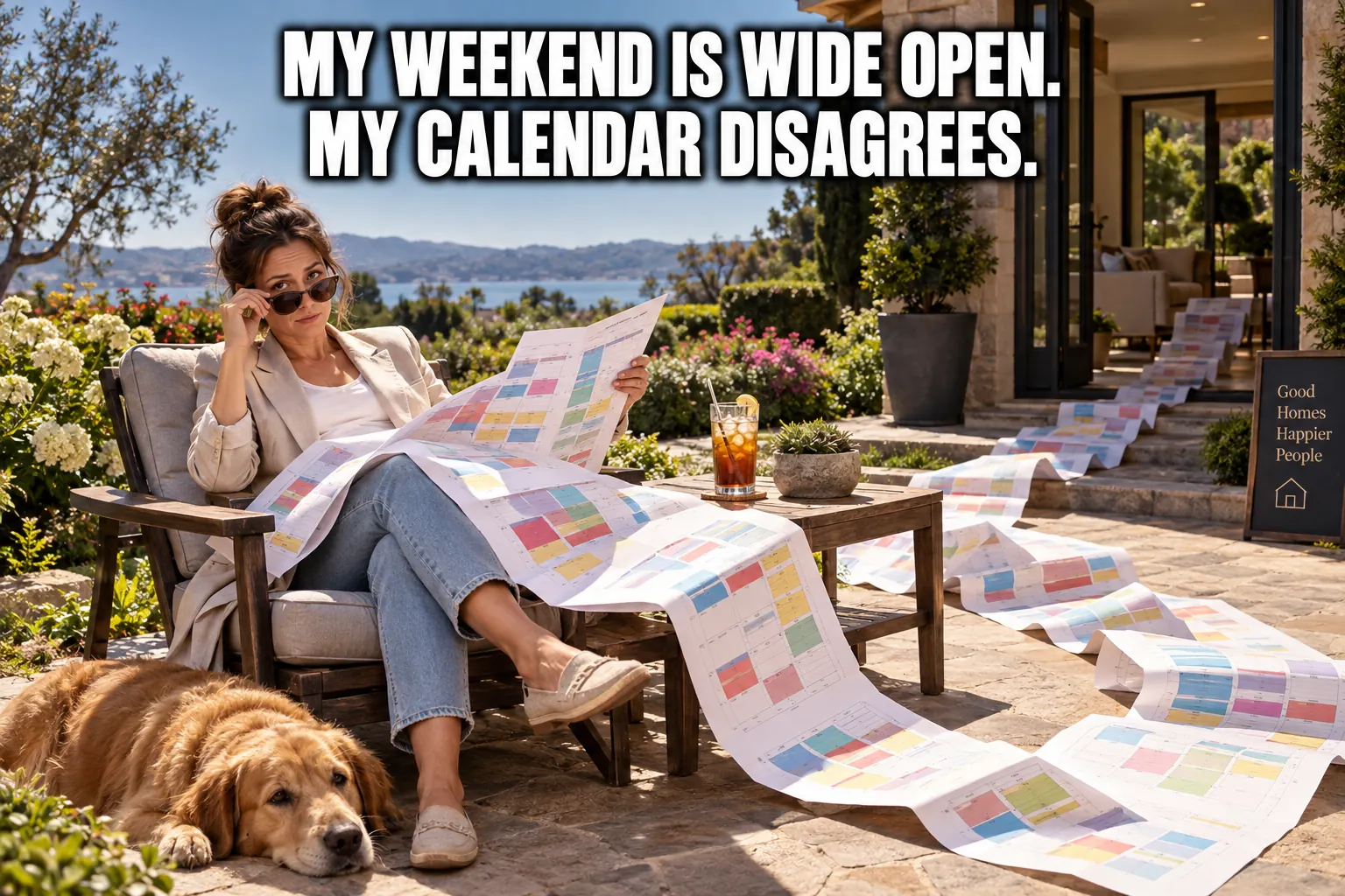 AI-generated agent relaxing beneath an impossibly long viewing schedule. Text: My weekend is wide open. My calendar disagrees.