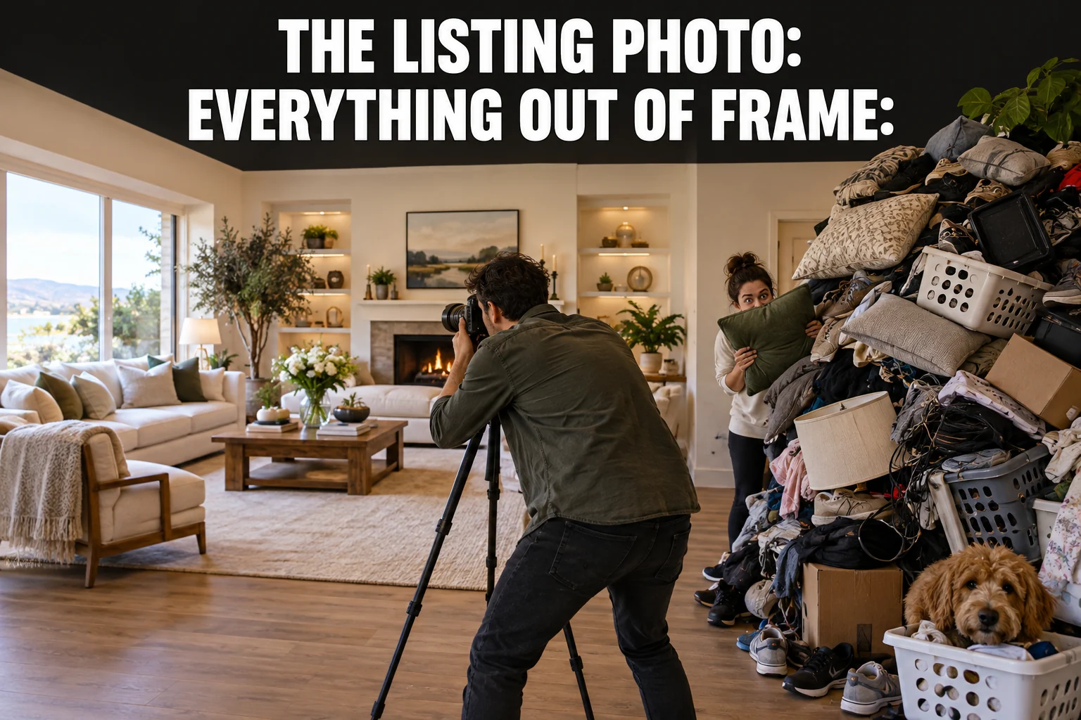 AI-generated photographer shooting a tidy room beside a hidden mountain of clutter. Text: The listing photo: Everything out of frame: