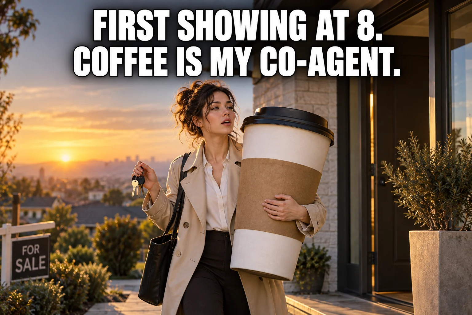 AI-generated agent carrying a giant coffee cup at an early showing. Text: First showing at 8. Coffee is my co-agent.