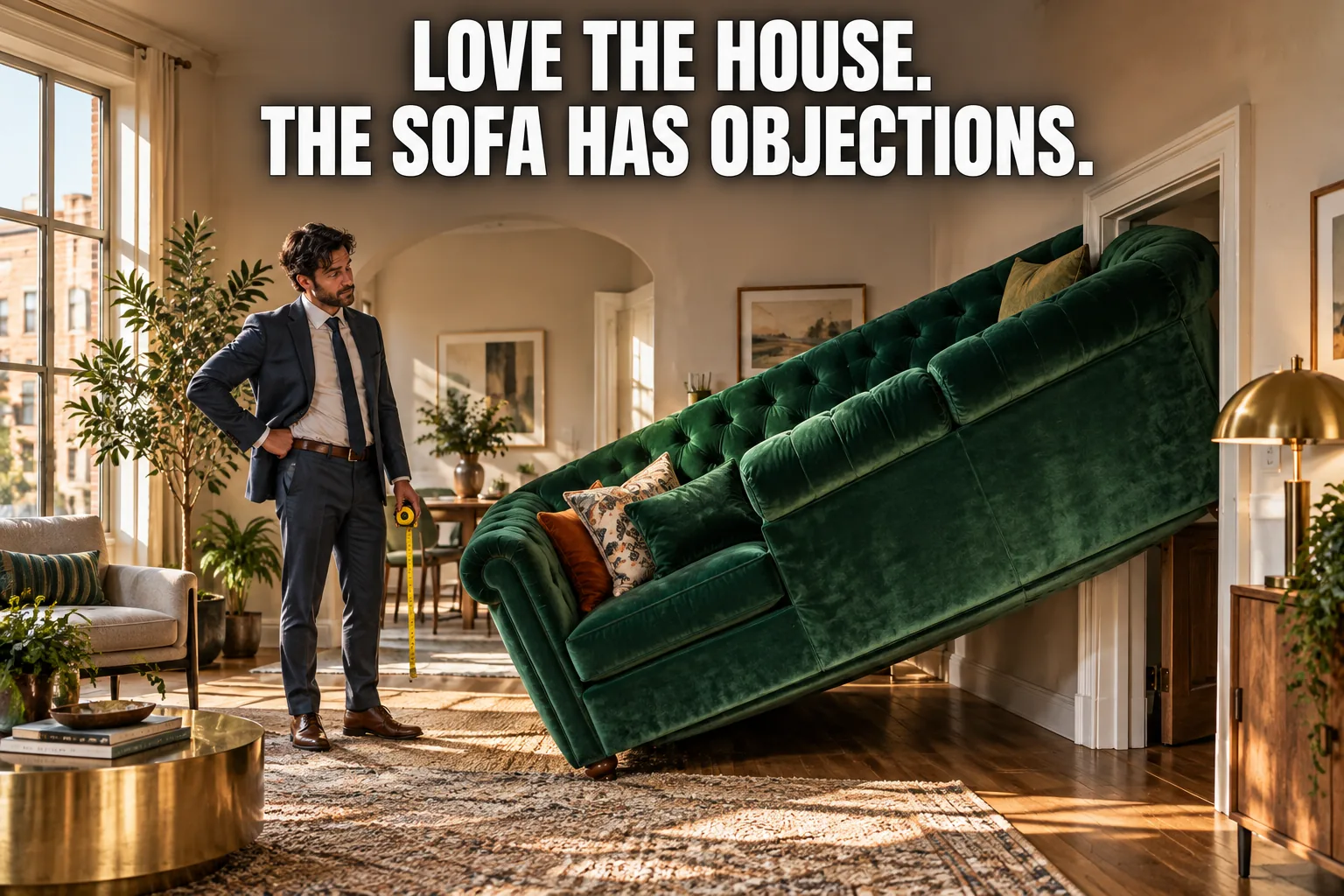 AI-generated scene of a real estate agent measuring an enormous emerald sofa jammed through a doorway. Text: Love the house. The sofa has objections.