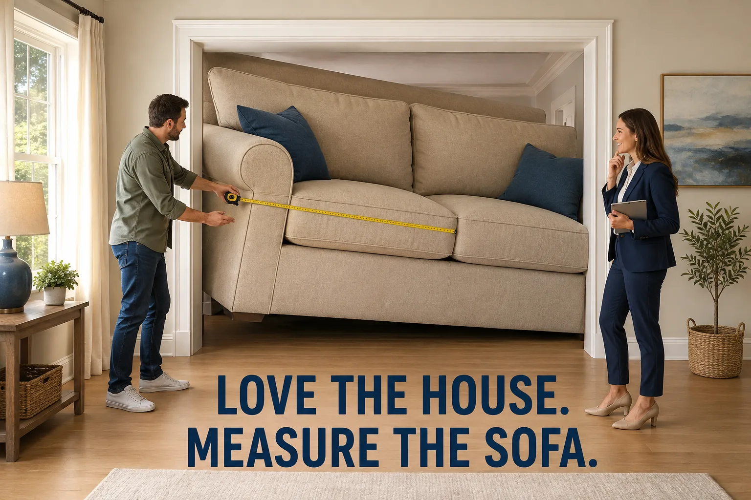 A buyer measuring a comically oversized sofa in a doorway beside an agent