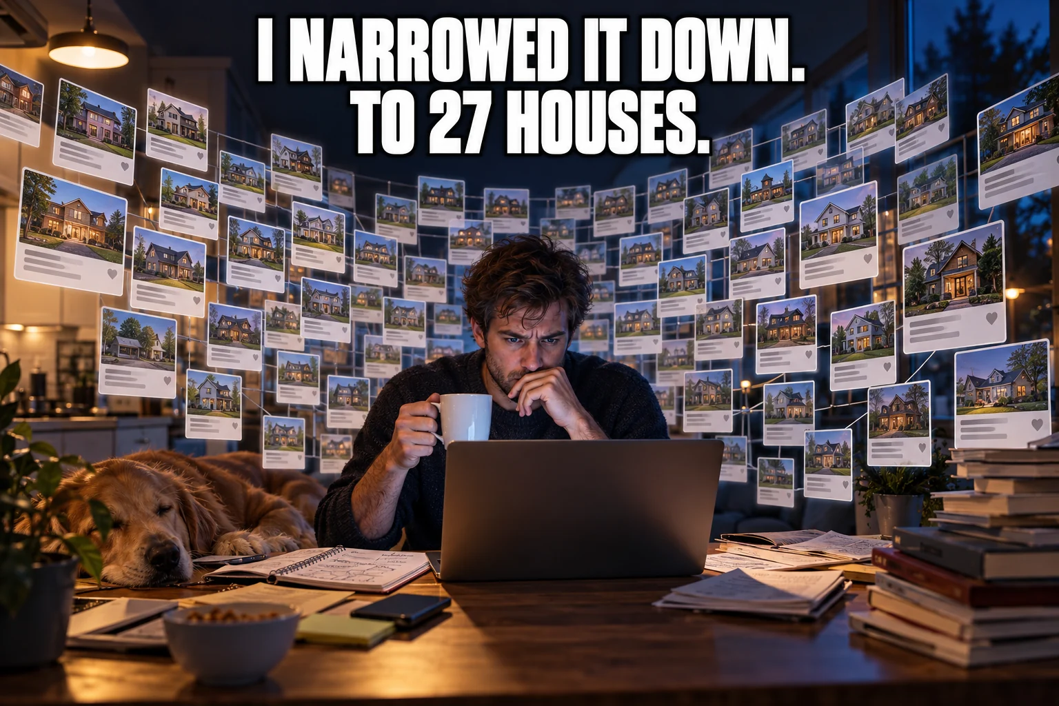 AI-generated homebuyer surrounded by floating house listings. Text: I narrowed it down. To 27 houses.