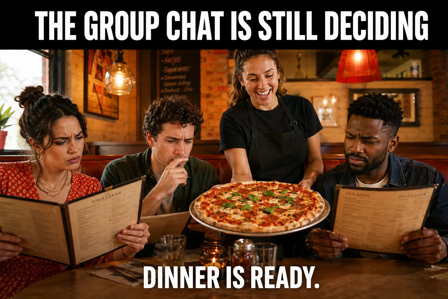 Three indecisive diners read menus while a server brings a pizza, with a group-chat dinner caption.