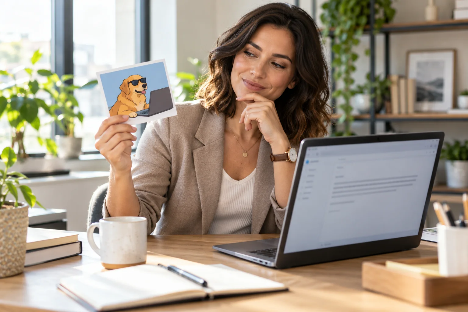 A salesperson considers a small playful illustration while reviewing an email at a bright desk.