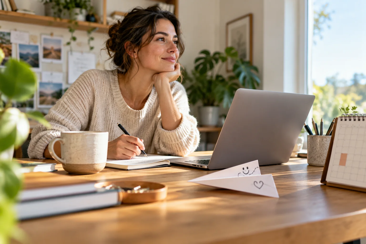 A salesperson pauses over a brief follow-up note beside a small paper airplane doodle and calendar.