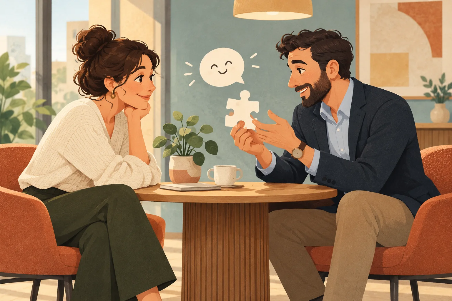 An illustrated buyer and salesperson calmly discuss a puzzle piece at a small table.
