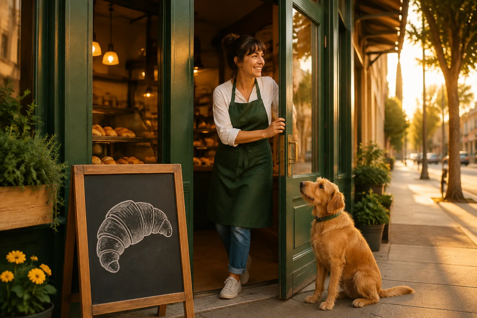 An original illustration of a bakery owner opening her shop at sunrise beside a friendly dog