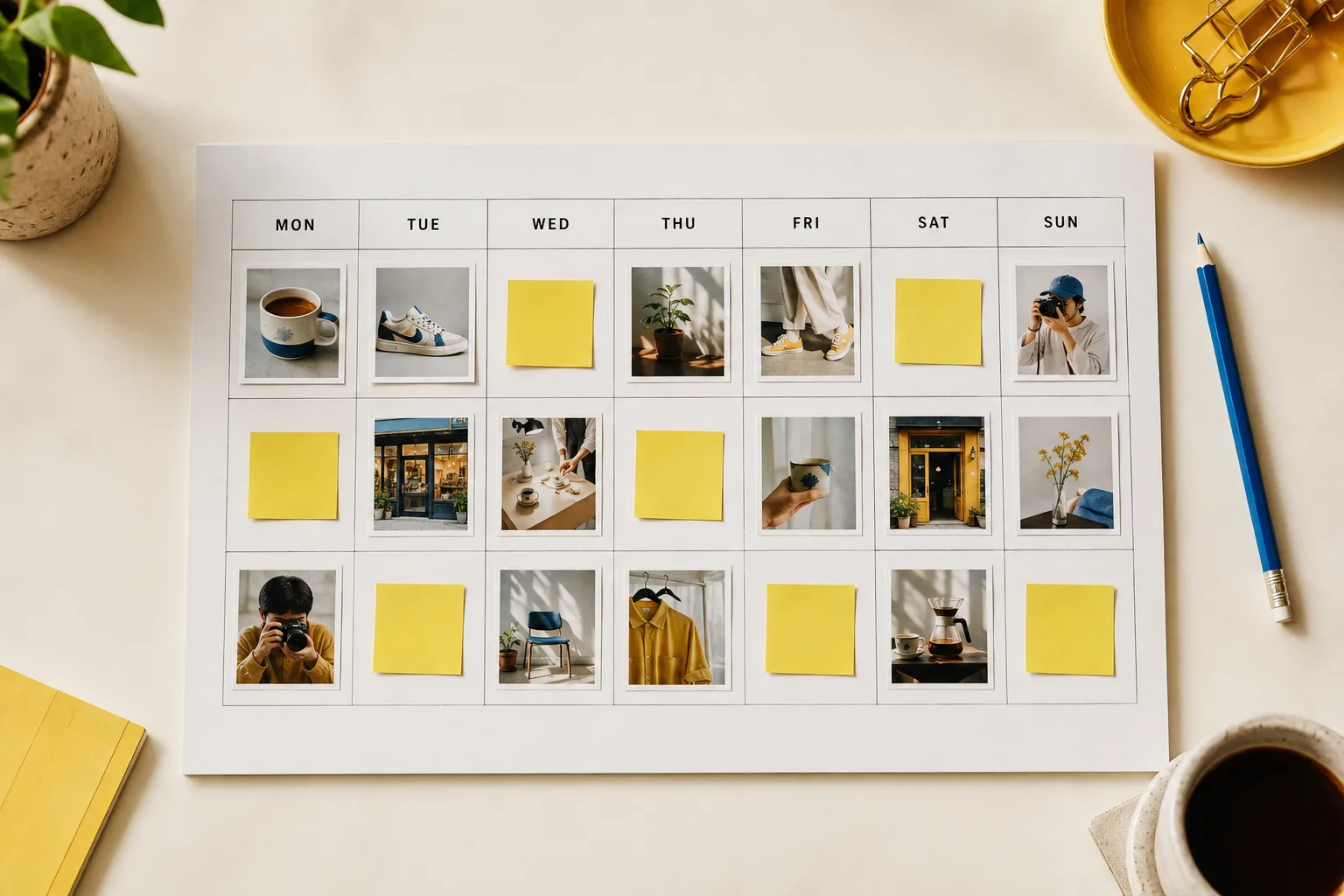 A weekly calendar surrounded by original photos, notes, and creative planning materials