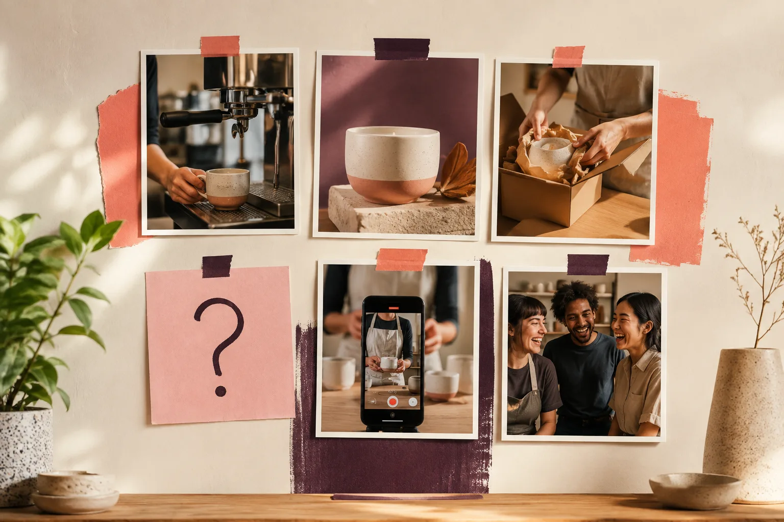 Six original scenes showing product photography, packing, a shop owner, a dog, coffee, and a team at work