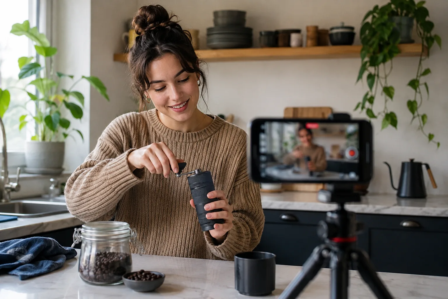 A fictional creator filming a coffee grinder demonstration in a home kitchen