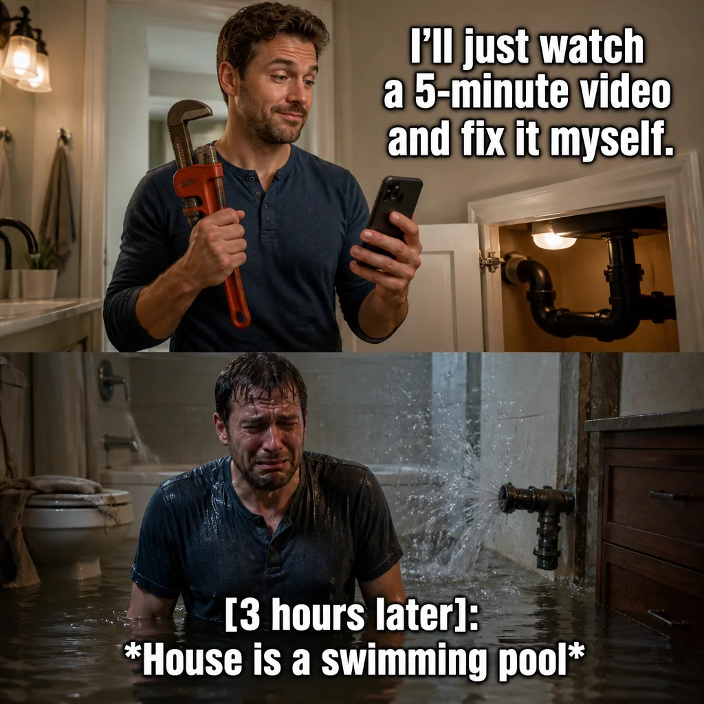 Two-panel meme: a confident DIY plumber watches a five-minute tutorial, then sits in a flooded house three hours later.