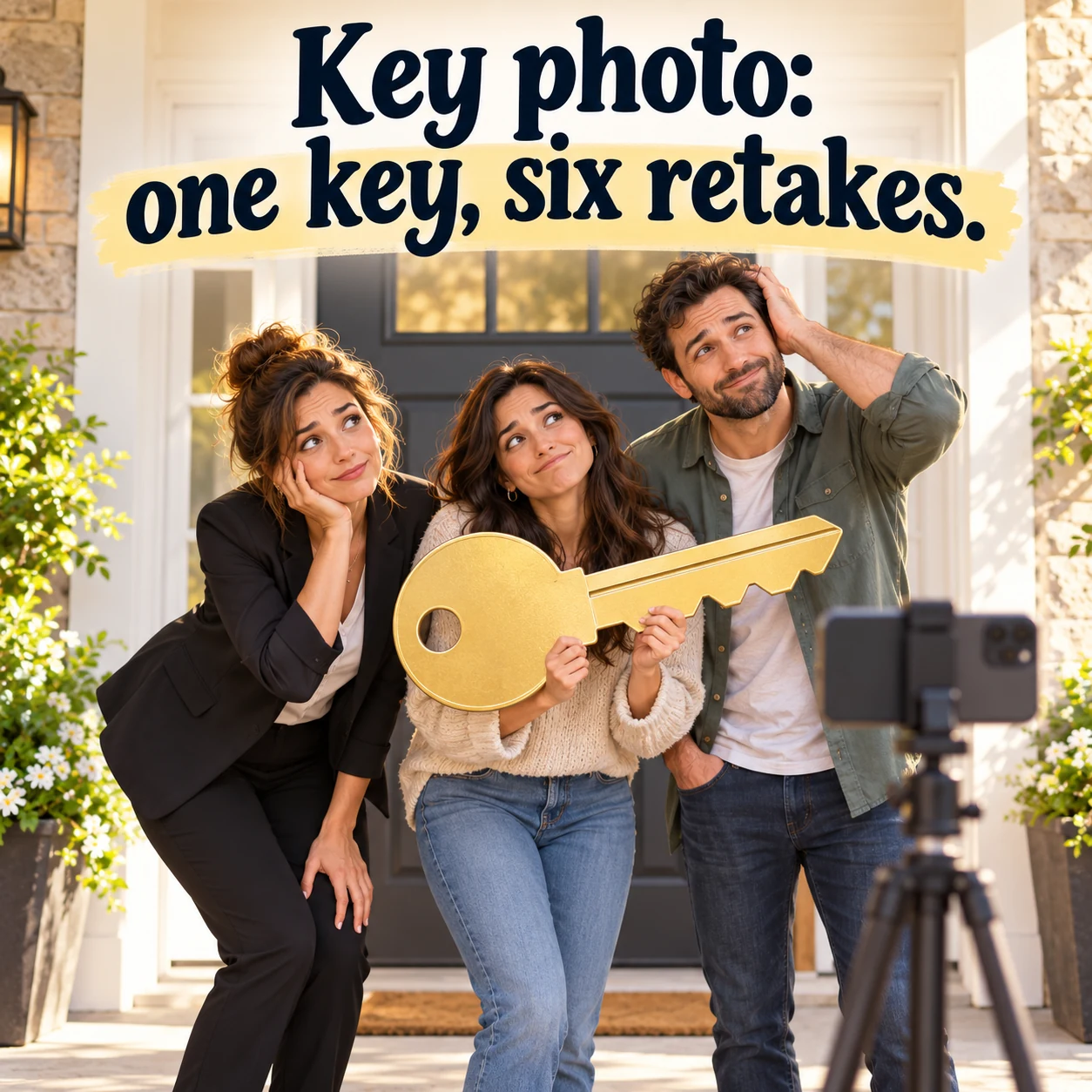 A fictional agent and two homebuyers pose for a key photo with an oversized novelty key and a phone tripod; headline reads, Key photo: one key, six retakes.