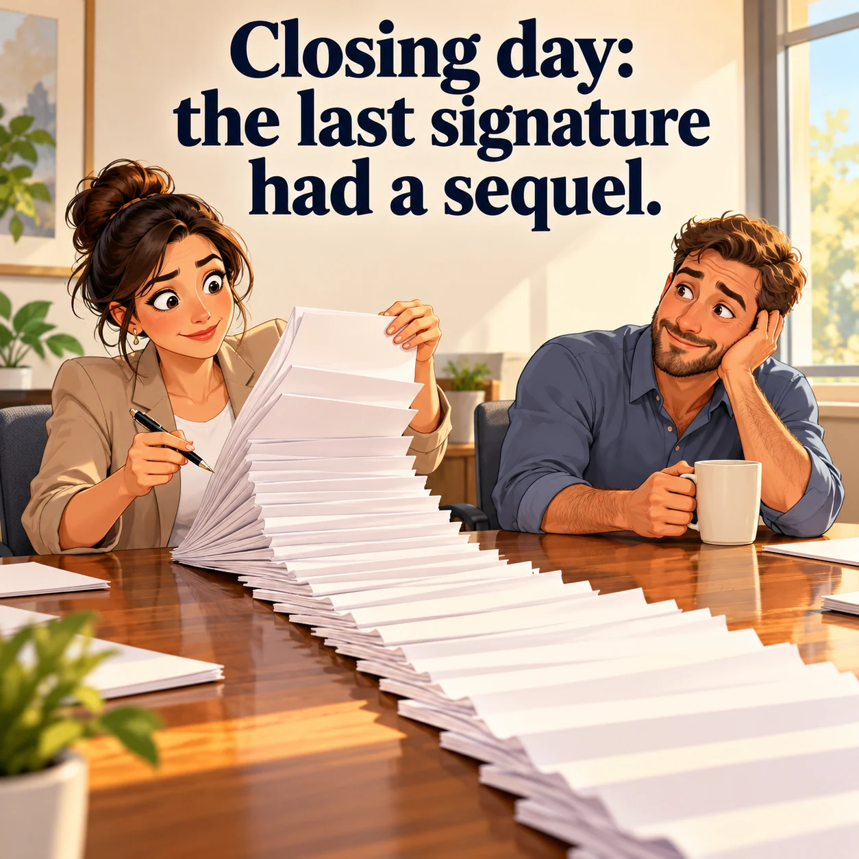 A fictional agent and client sit with a fan of blank paperwork after a signing; headline reads, Closing day: the last signature had a sequel.