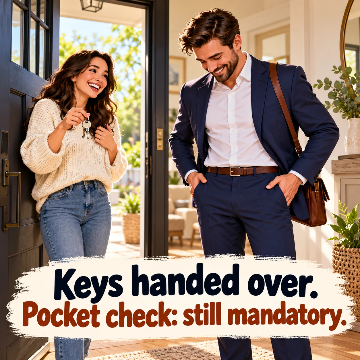 A fictional agent pats their pockets after handing keys to a new homeowner; headline reads, Keys handed over. Pocket check: still mandatory.