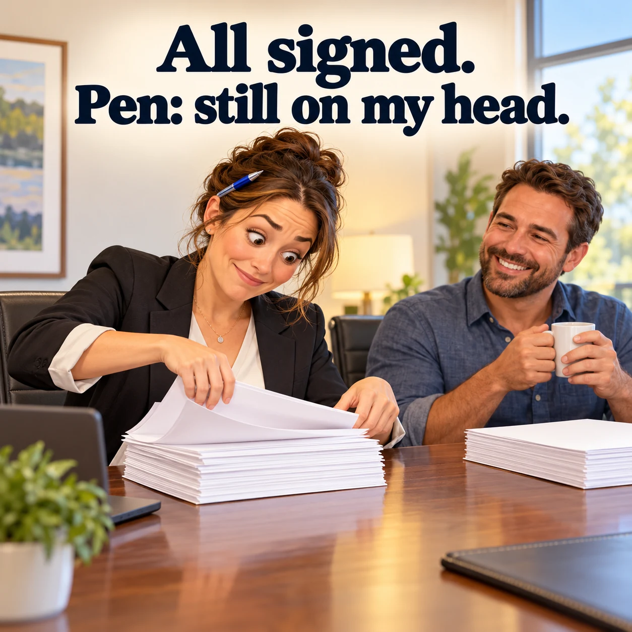 A fictional agent searches blank paperwork while a pen is tucked behind their ear; headline reads, All signed. Pen: still on my head.