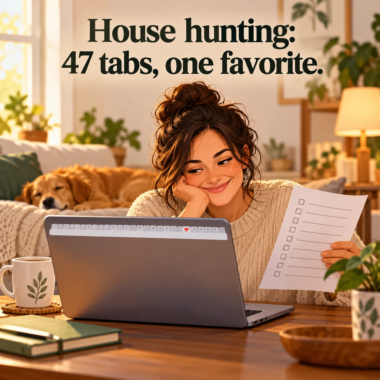 A fictional home shopper looks at a laptop and blank checklist; headline reads, House hunting: 47 tabs, one favorite.