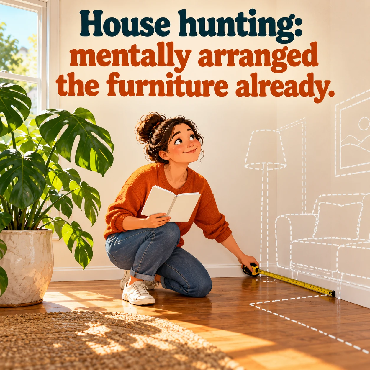 A fictional home shopper measures an empty room while picturing furniture; headline reads, House hunting: mentally arranged the furniture already.