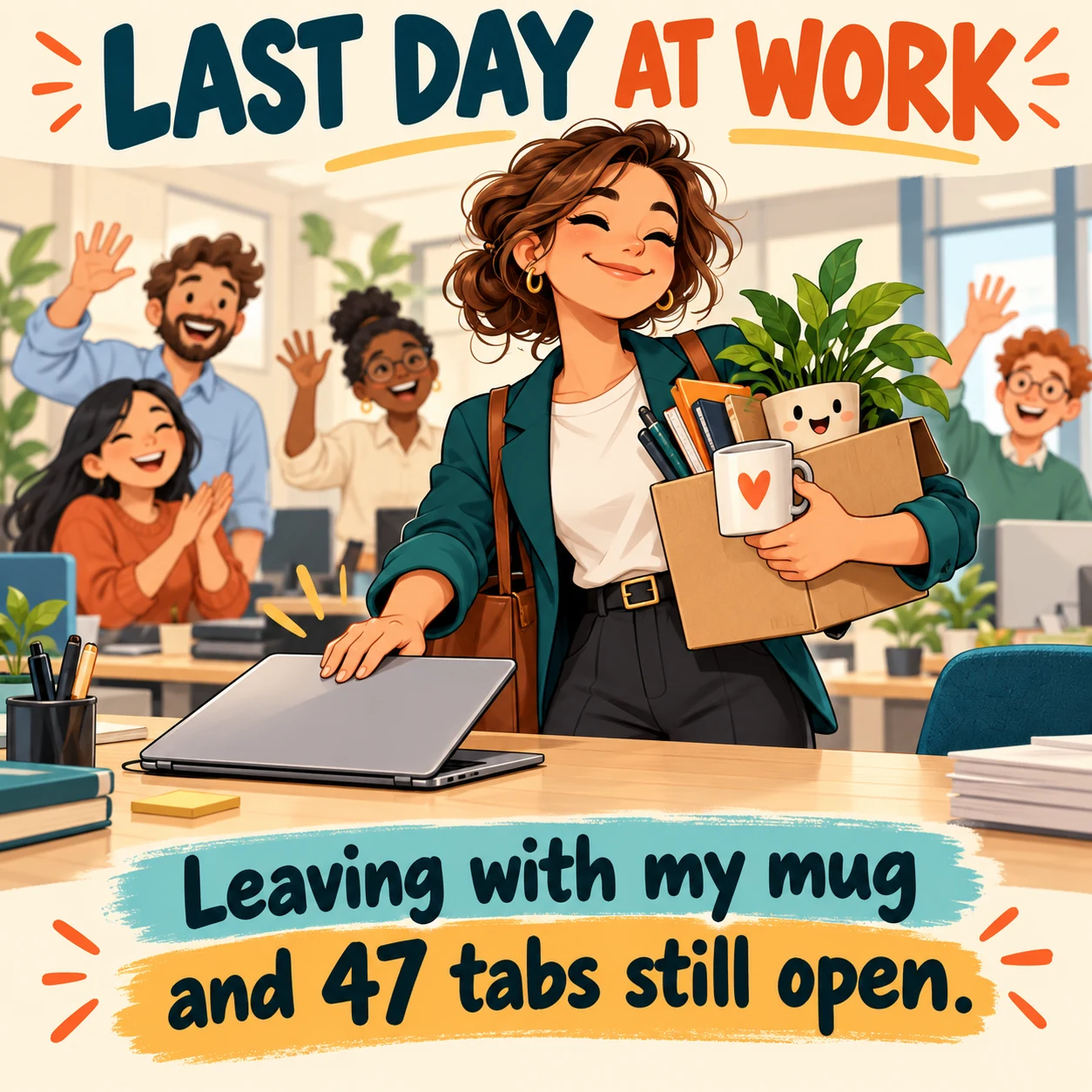 Original fictional farewell illustration: an employee carries a box with a mug and desk plant while coworkers wave; text says Leaving with my mug and 47 tabs still open.