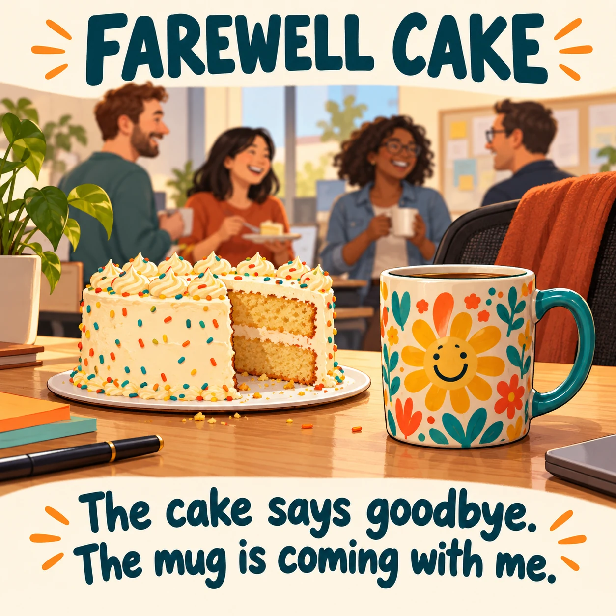 Original illustrated farewell meme: a small office farewell cake sits beside a colorful mug while coworkers share a low-key goodbye; text says the cake says goodbye and the mug is coming with me.