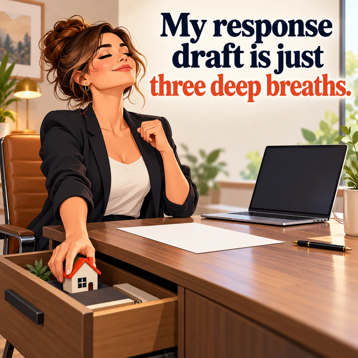 A fictional agent reaches for a tiny house-shaped stress toy beside a blank offer paper; headline reads, My response draft is just three deep breaths.