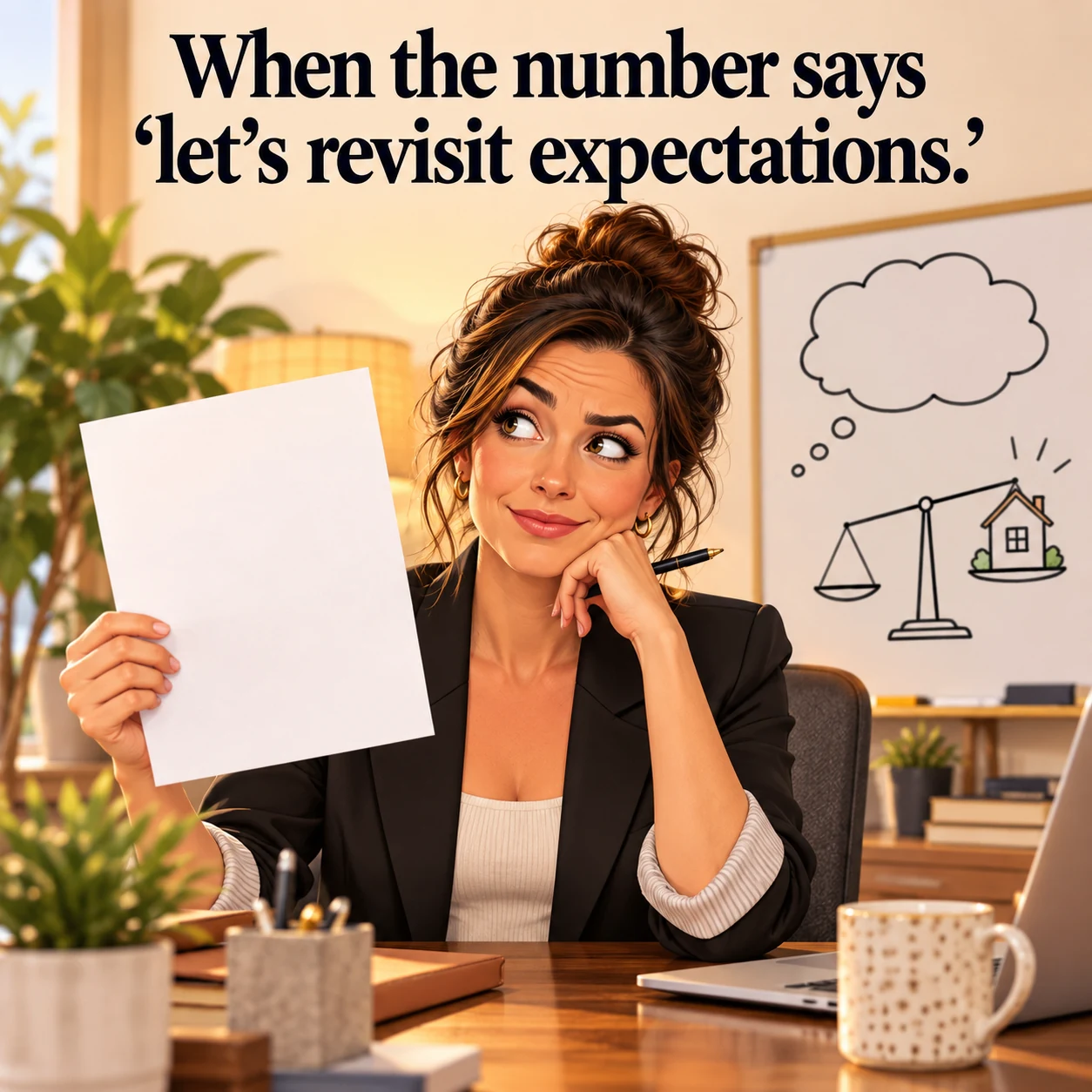 A fictional agent considers a blank offer beside a simple balance-scale doodle; headline reads, When the number says, let's revisit expectations.