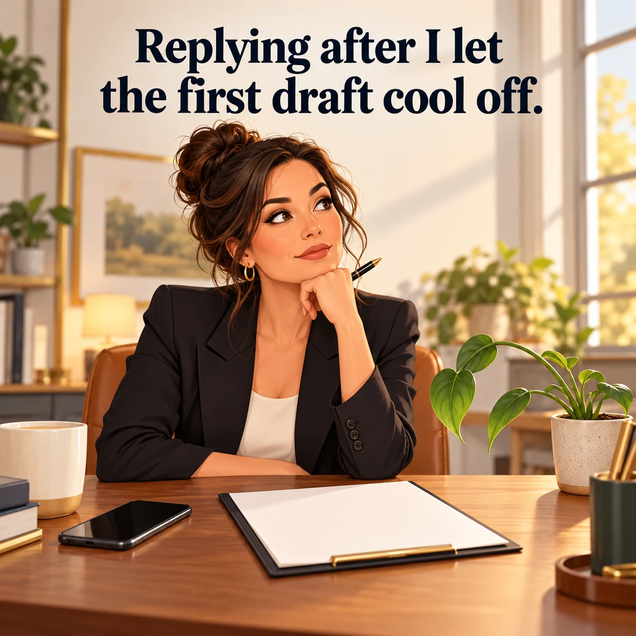 A fictional agent pauses over a blank reply draft at a desk; headline reads, Replying after I let the first draft cool off.