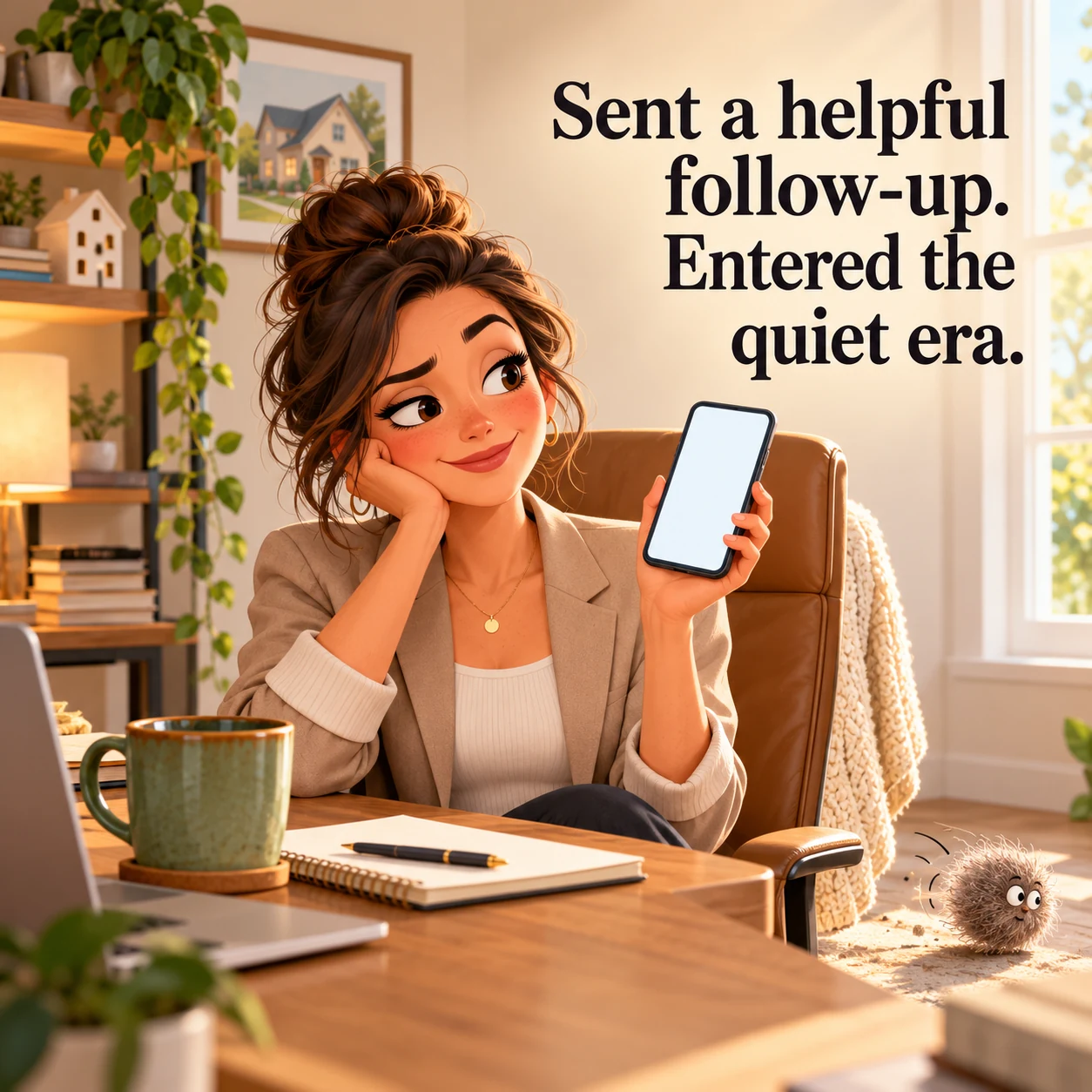 A fictional agent checks a blank phone while a tiny dust bunny rolls nearby; headline reads, Sent a helpful follow-up. Entered the quiet era.