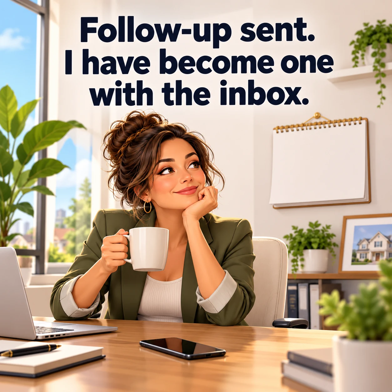 A fictional agent waits with coffee beside a blank calendar and phone; headline reads, Follow-up sent. I have become one with the inbox.
