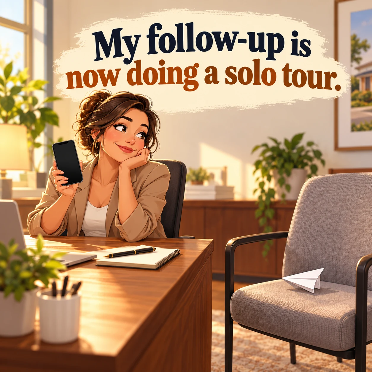 A fictional agent sits by a blank phone while a paper airplane rests on an empty chair; headline reads, My follow-up is now doing a solo tour.