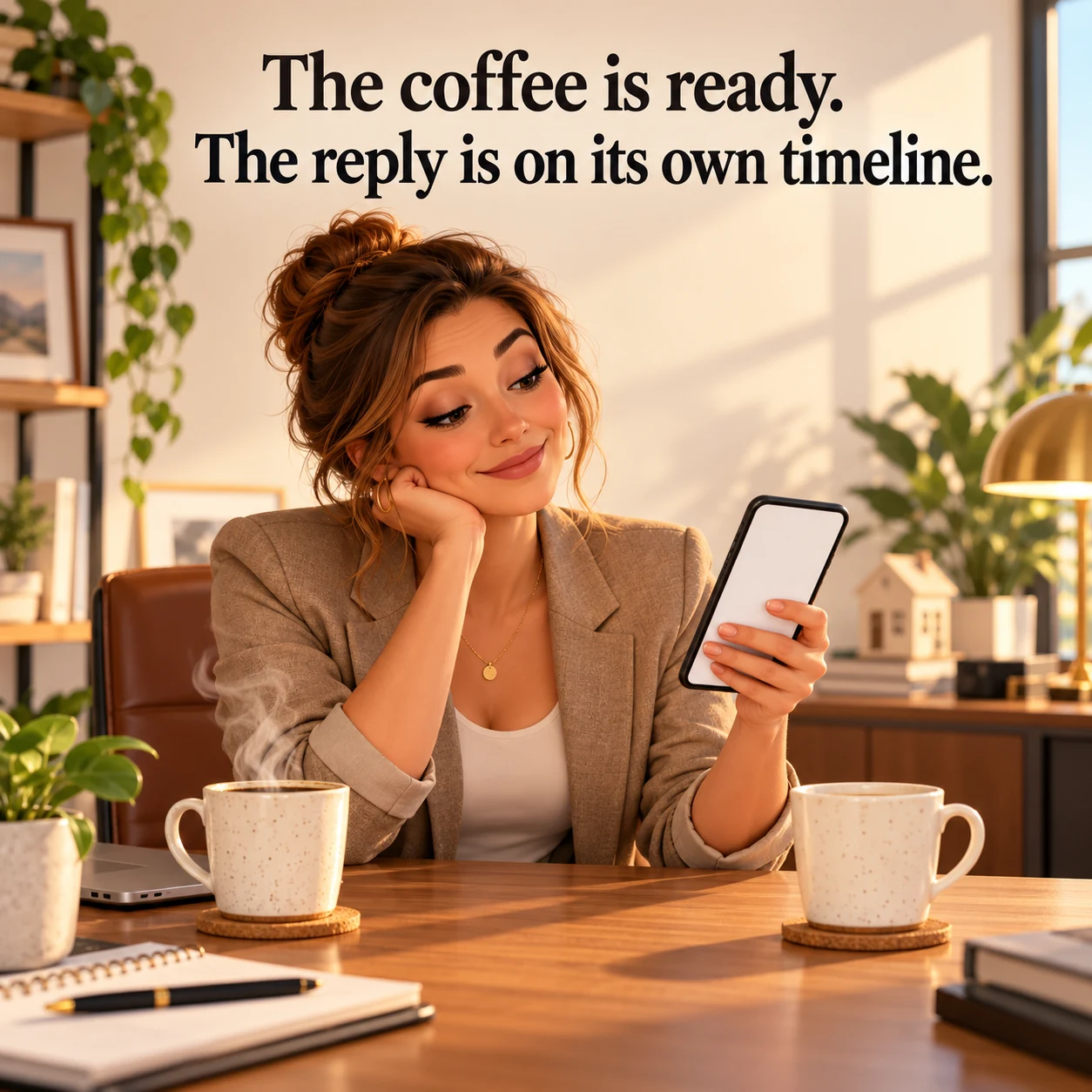 A fictional agent looks at a blank phone with two coffee mugs on the desk; headline reads, The coffee is ready. The reply is on its own timeline.