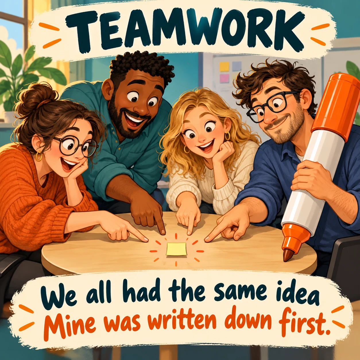 Original fictional teamwork meme: four coworkers point at one sticky note while one holds a marker; text says we all had the same idea and mine was written down first.