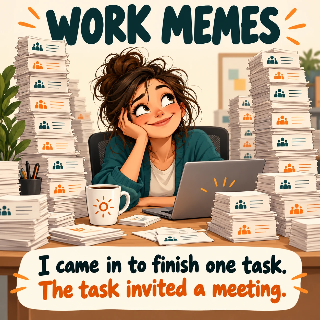 Original illustrated work meme: an office worker sits between tall stacks of meeting cards with the text, I came in to finish one task. The task invited a meeting.
