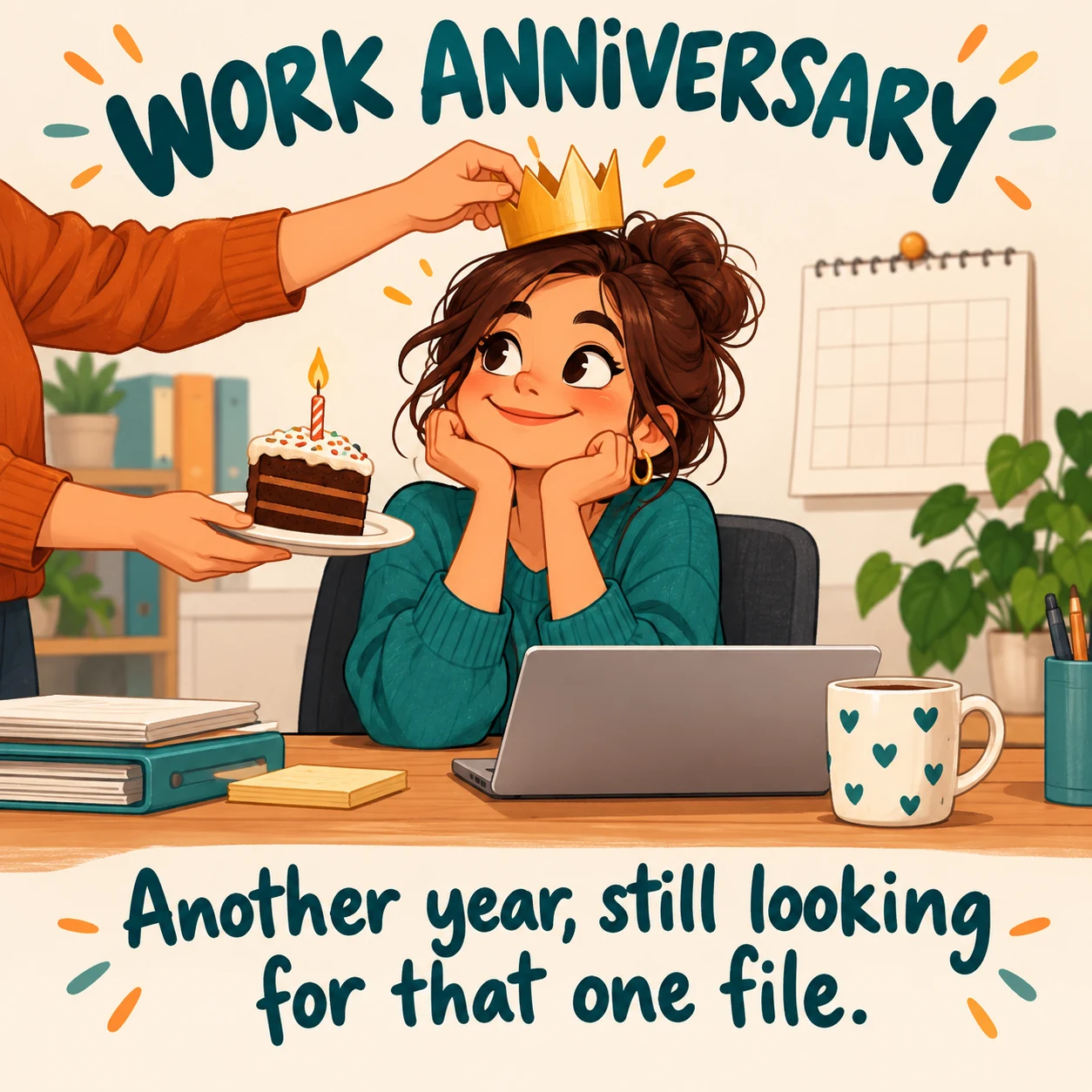 Original fictional work anniversary meme: a coworker gives an employee a small paper crown and cake beside a calendar; text says another year, still looking for that one file.