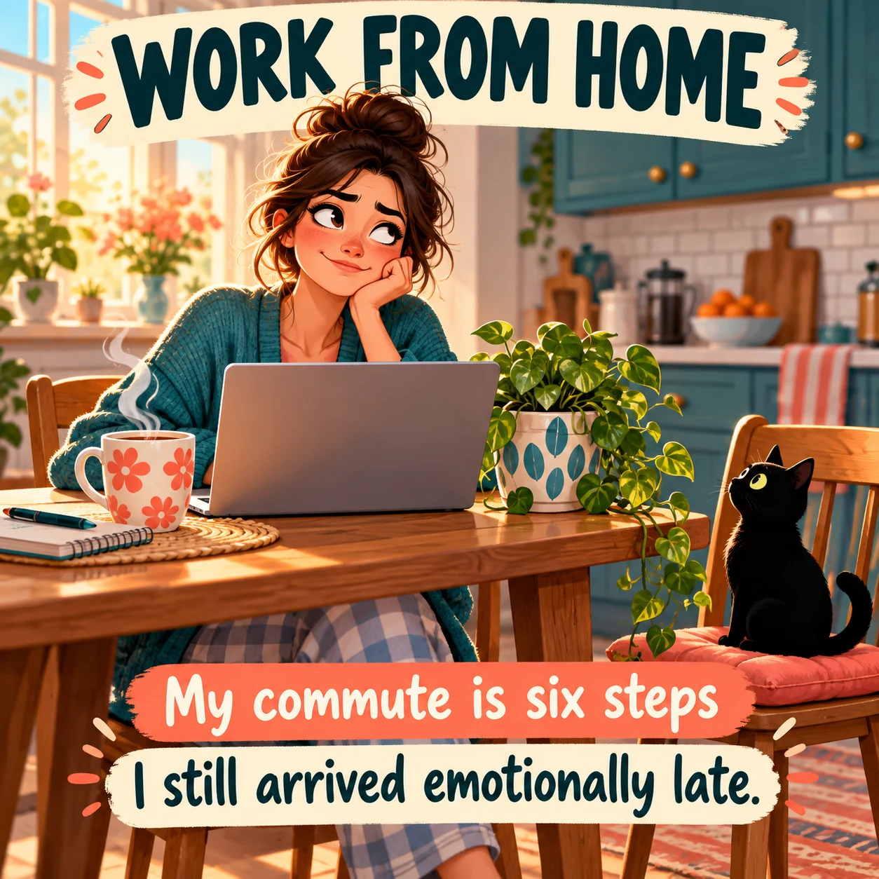 Illustrated remote worker at a kitchen table with laptop, plant and cat; the meme jokes that the commute is six steps but they arrived emotionally late.