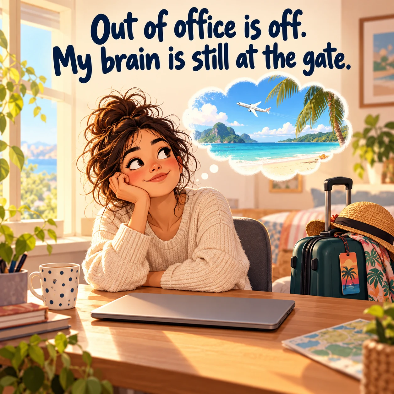 A fictional worker sits at a desk beside a travel suitcase and daydreams about a beach; text reads, Out of office is off. My brain is still at the gate.