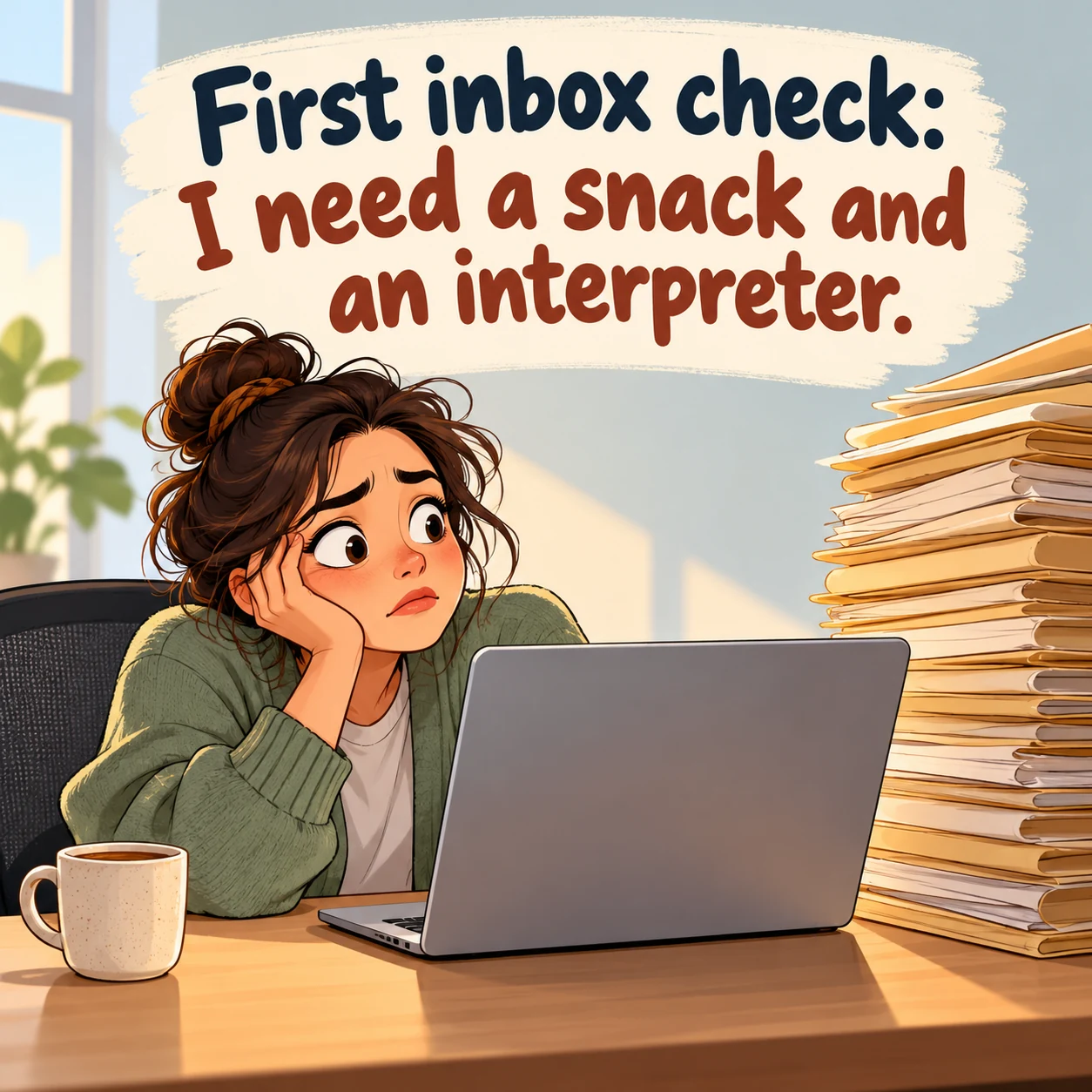 A fictional worker looks at a laptop beside a tall stack of papers and a coffee mug; text reads, First inbox check: I need a snack and an interpreter.