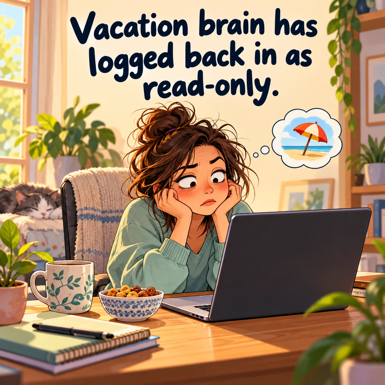 A fictional worker rests their face in their hands at a laptop while imagining a beach umbrella; text reads, Vacation brain has logged back in as read-only.