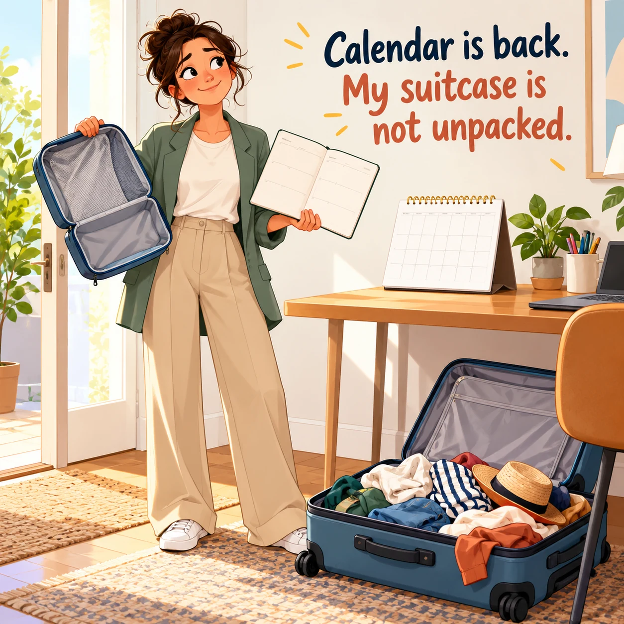 A fictional worker checks a calendar at a desk with an unzipped suitcase nearby; headline reads, Calendar is back. My suitcase is not unpacked.