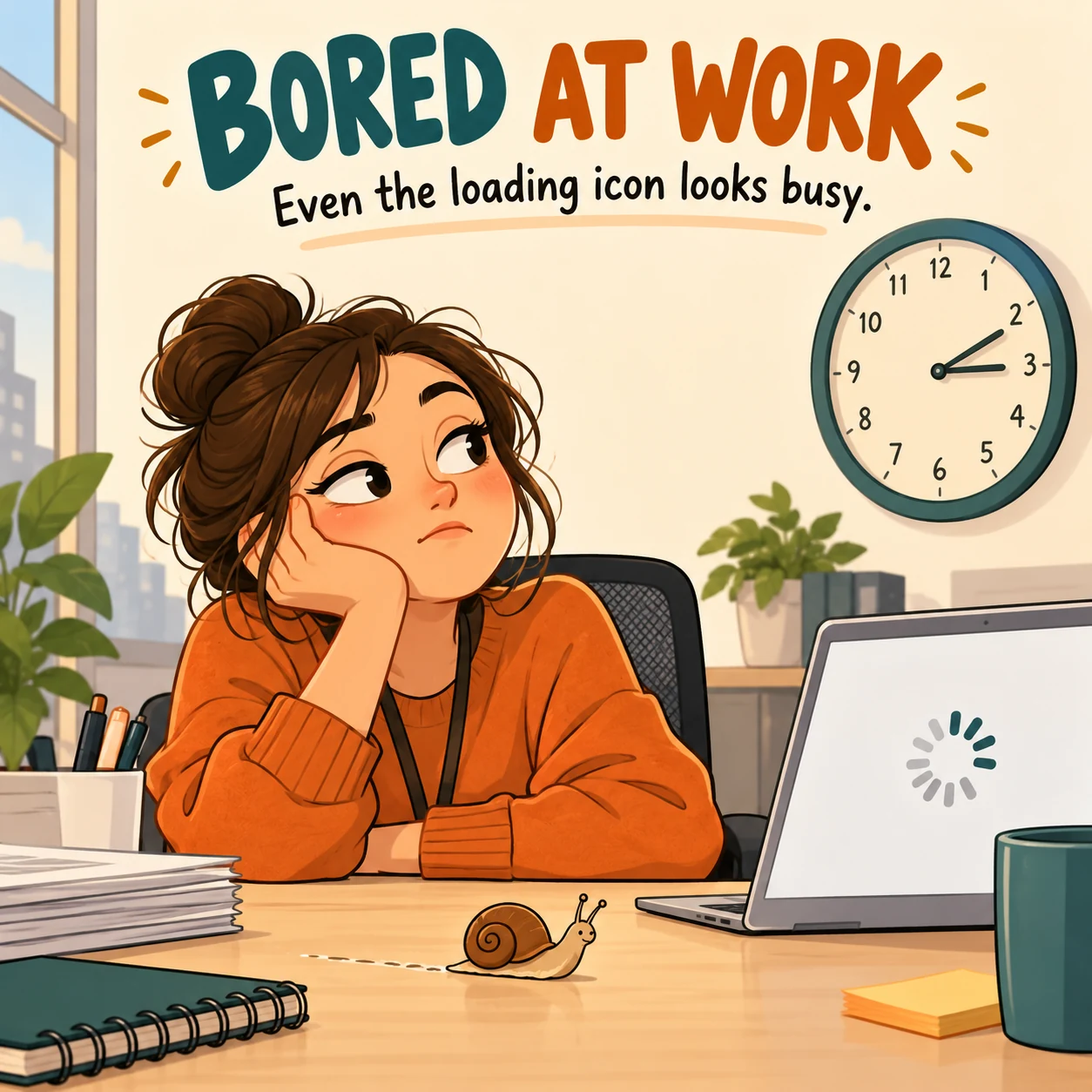 Illustrated worker glances at a snail beside a loading icon and wall clock; meme says even the loading icon looks busy.