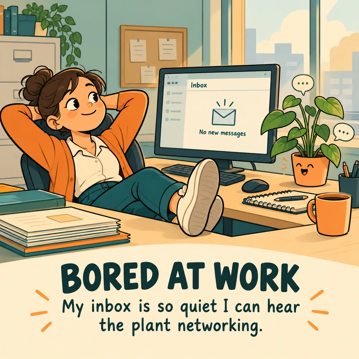 Illustrated worker relaxes beside a quiet inbox and smiling office plant; meme says the plant is networking.