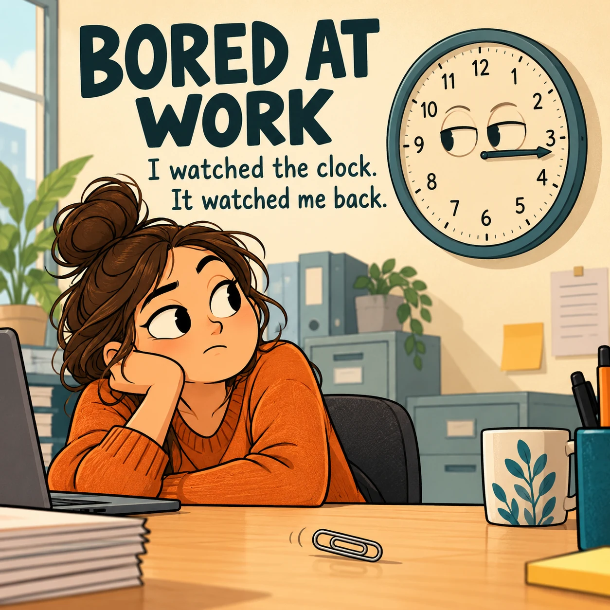 Illustrated worker watches a wall clock with sleepy eyes; text reads, I watched the clock. It watched me back.
