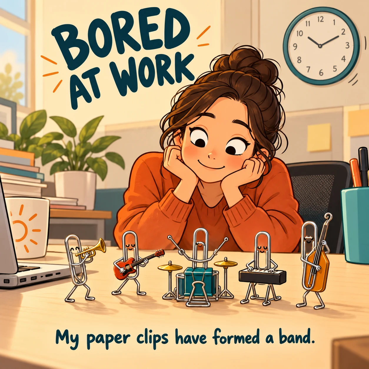 Illustrated paper clips form a tiny band on a desk while a worker looks on; meme says my paper clips have formed a band.