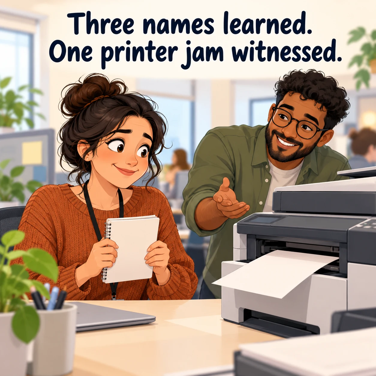 A fictional new hire holds a notepad beside a printer with a single blank sheet; headline reads, Three names learned. One printer jam witnessed.
