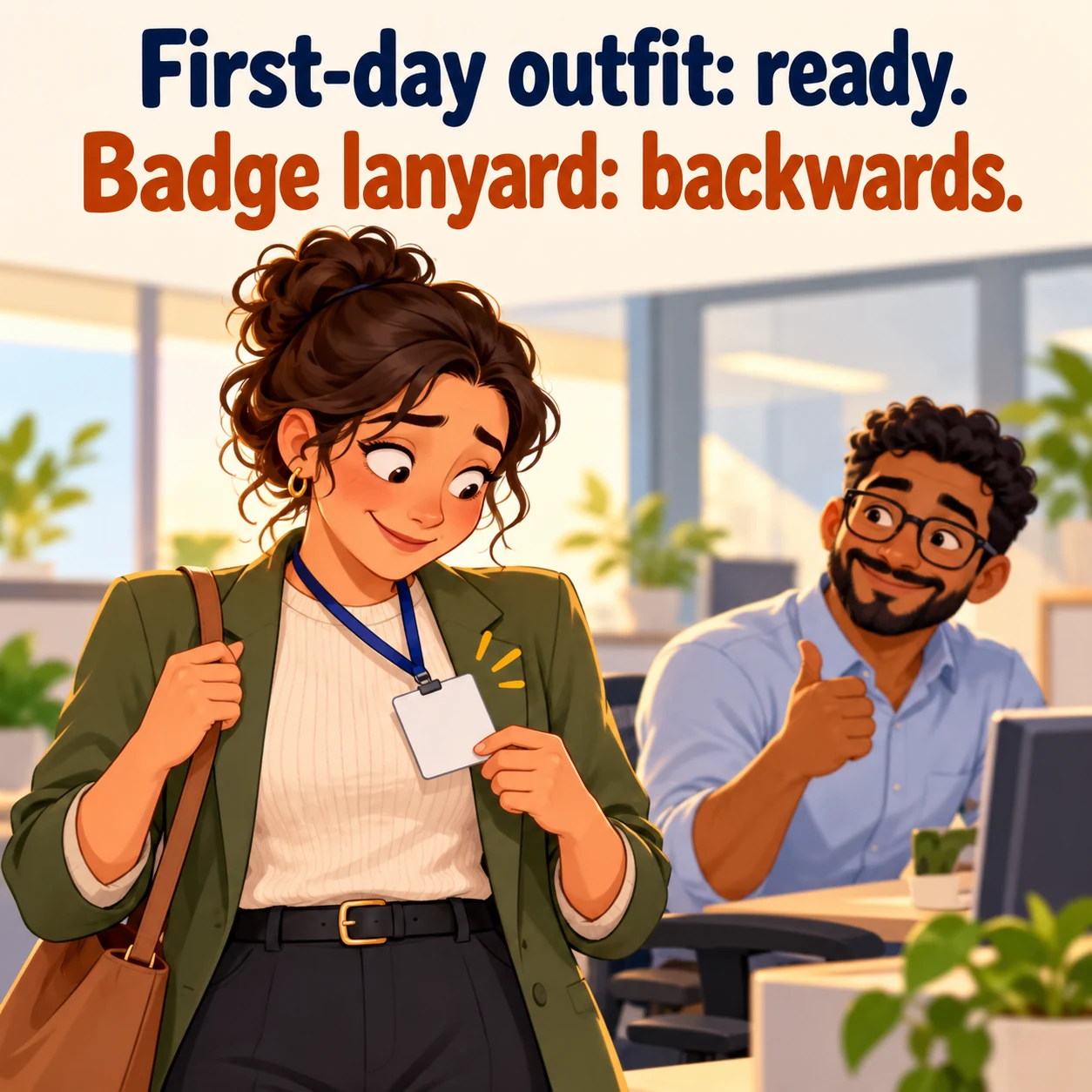 A fictional new employee checks a backwards blank badge at an office desk; headline reads, First-day outfit: ready. Badge lanyard: backwards.