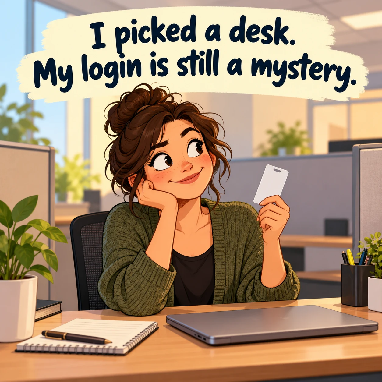 A fictional new hire holds a blank badge beside a closed laptop and notebook; text reads, I picked a desk. My login is still a mystery.